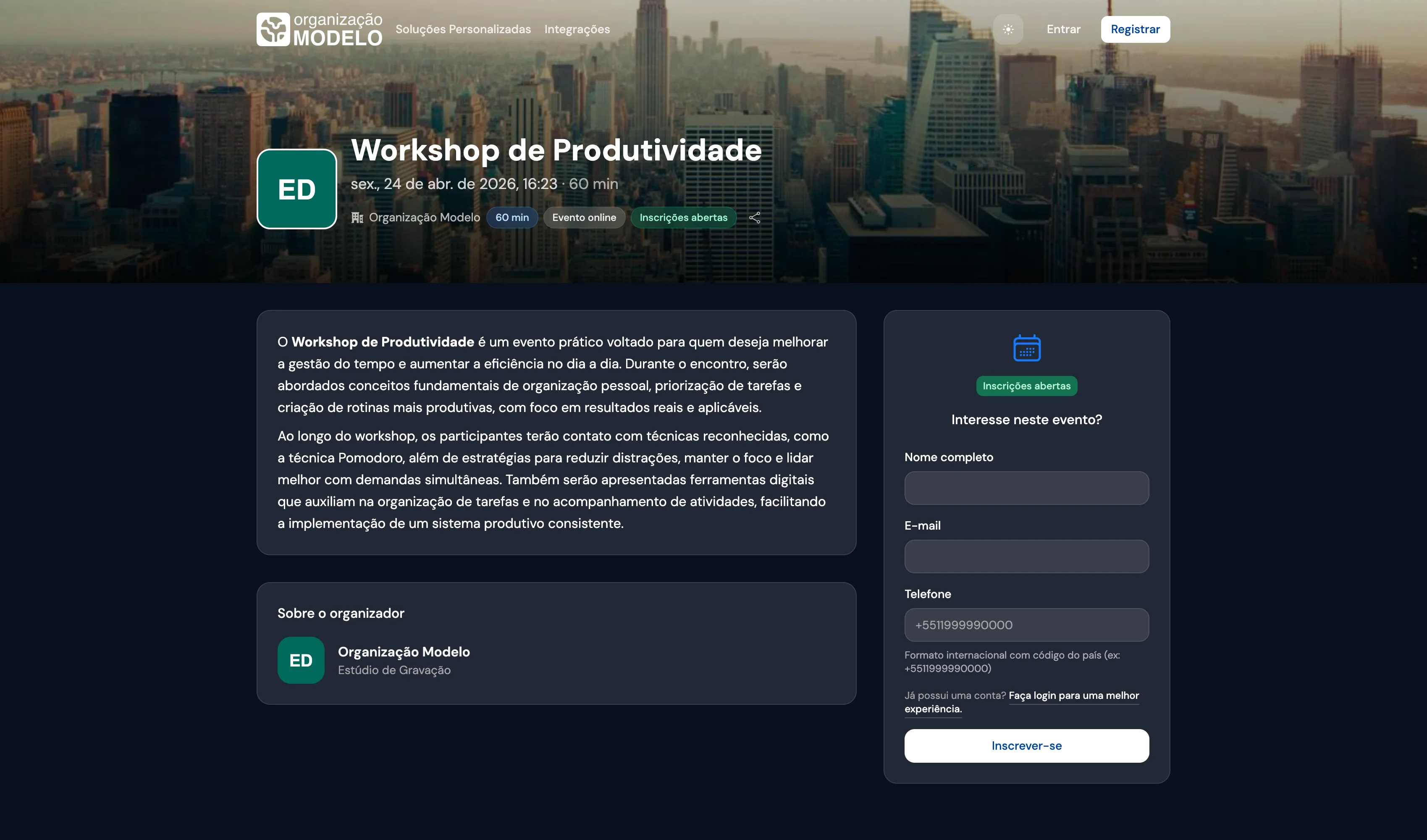 Inscrição em evento no modo escuro