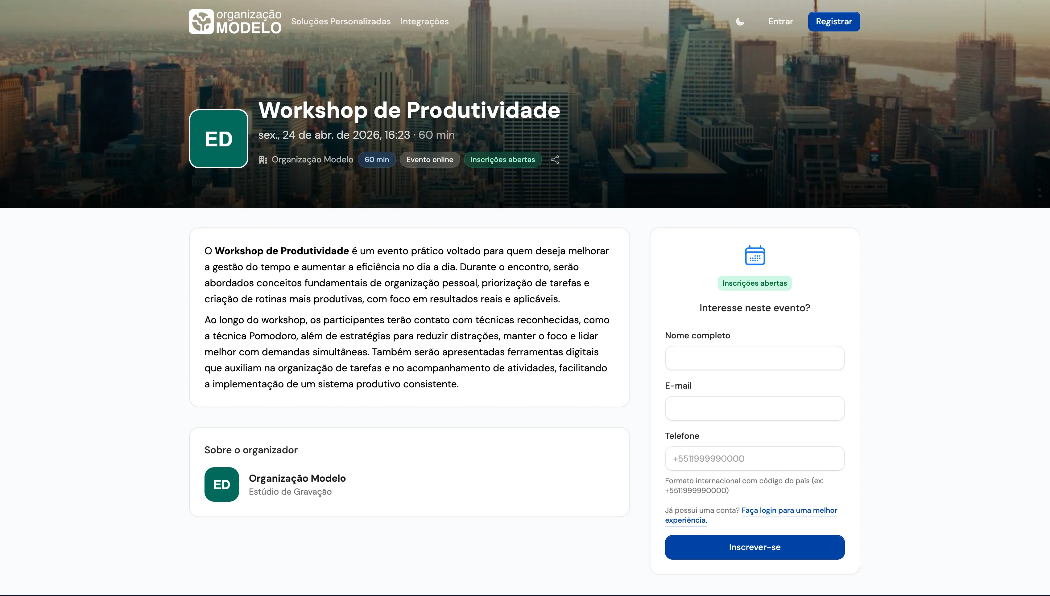 Inscrição em evento no modo claro
