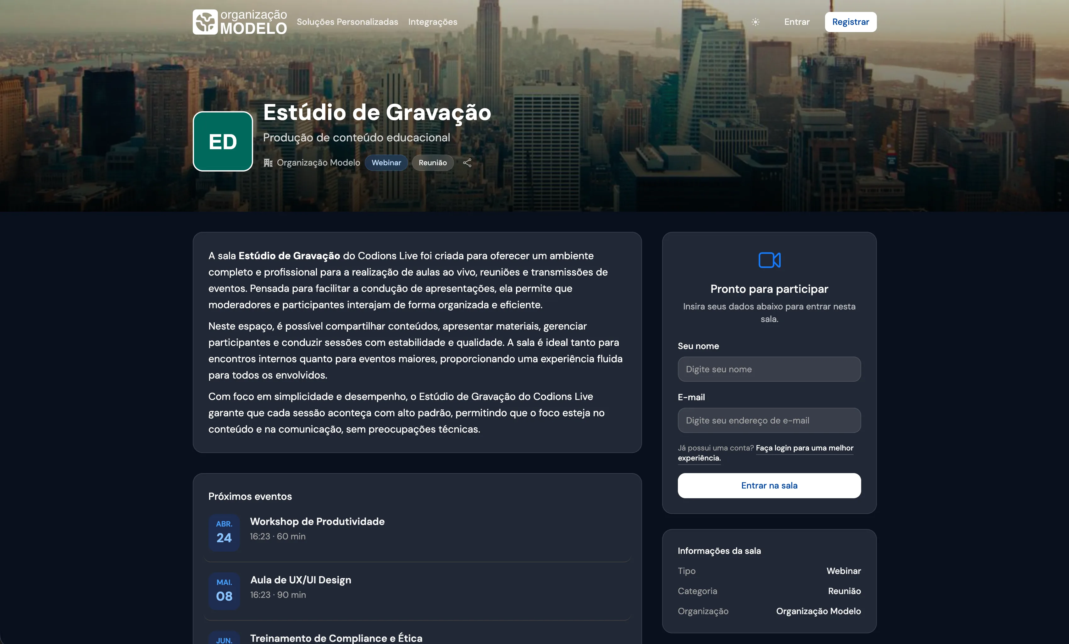 Sala pública em modo escuro