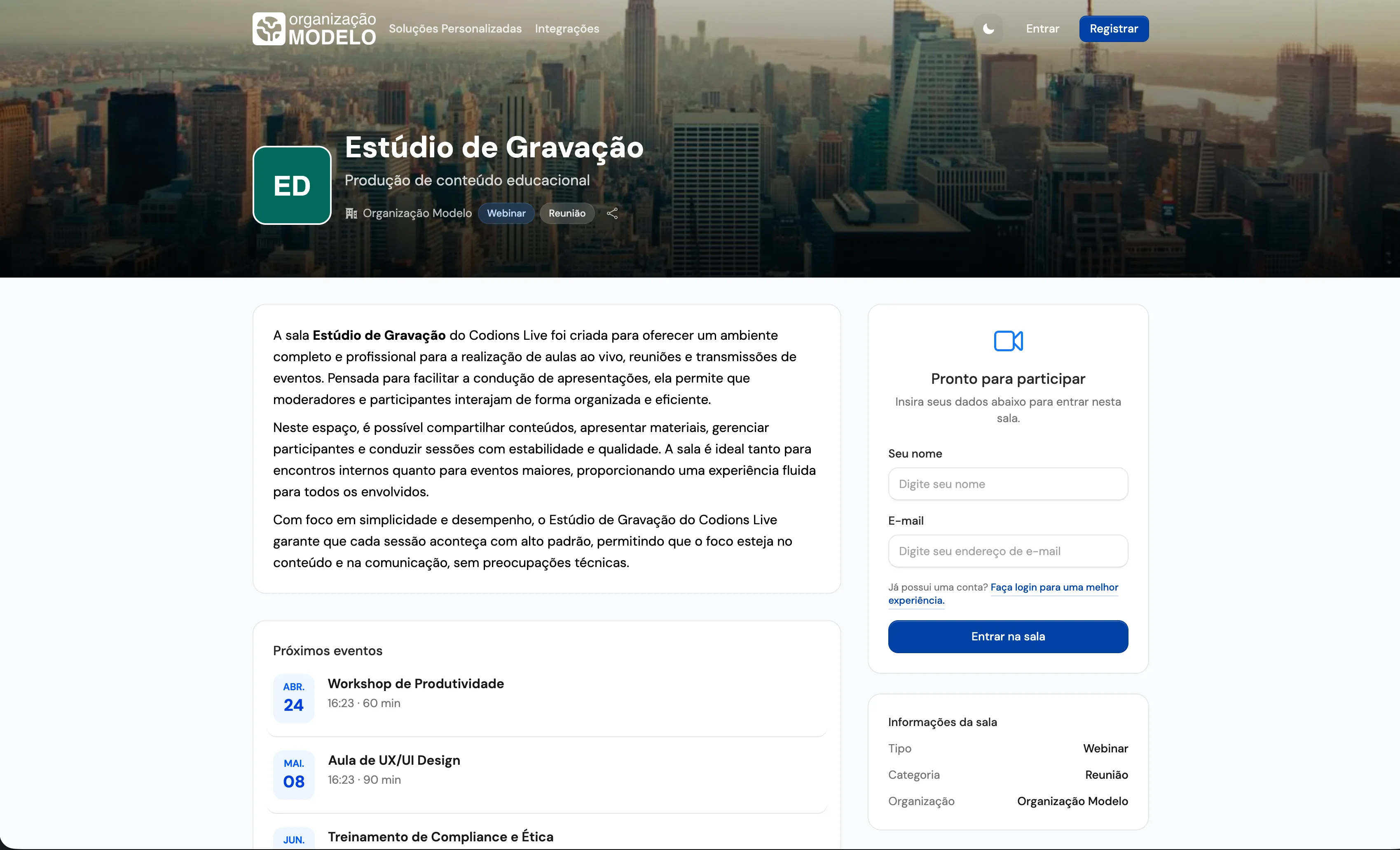 Sala pública em modo claro