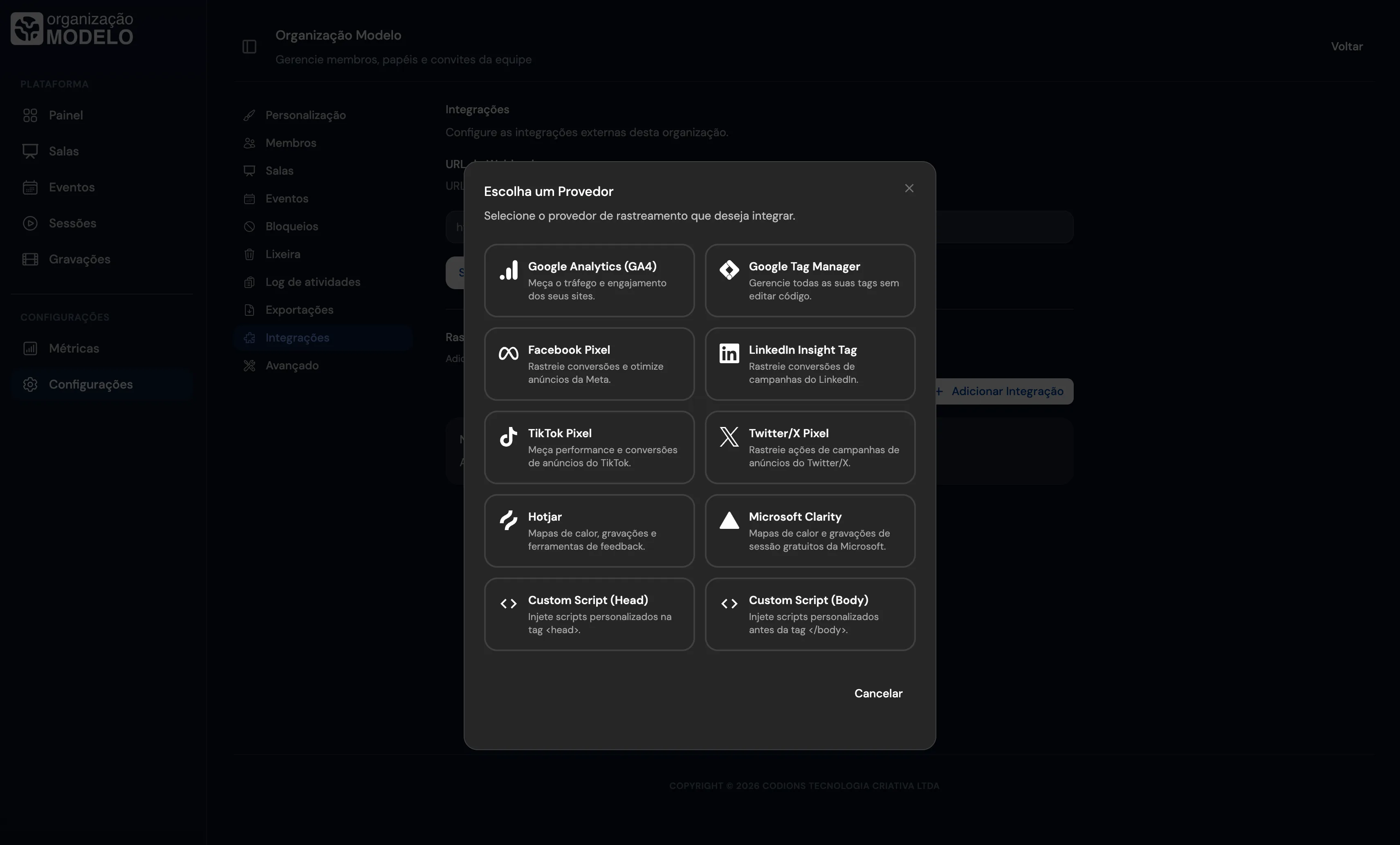 Integrações em modo escuro