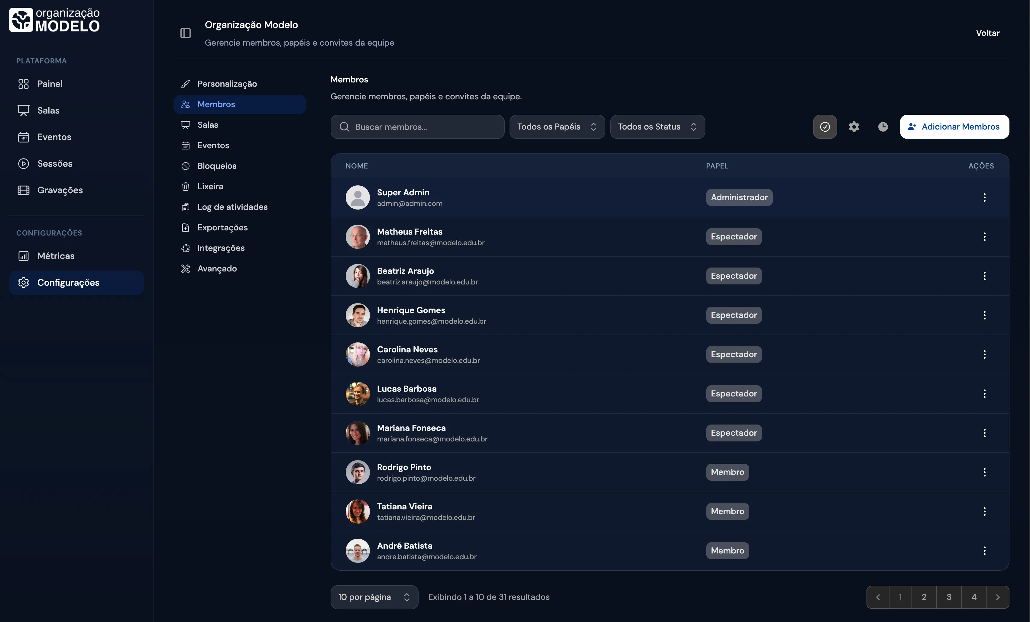 Membros em modo escuro