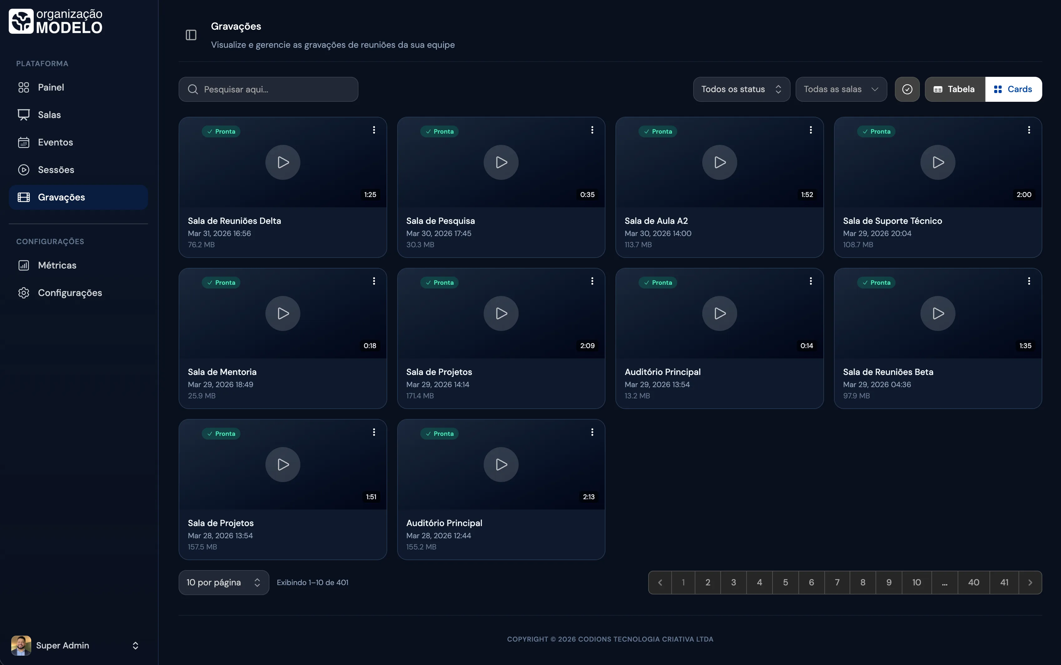 Gravações em modo escuro