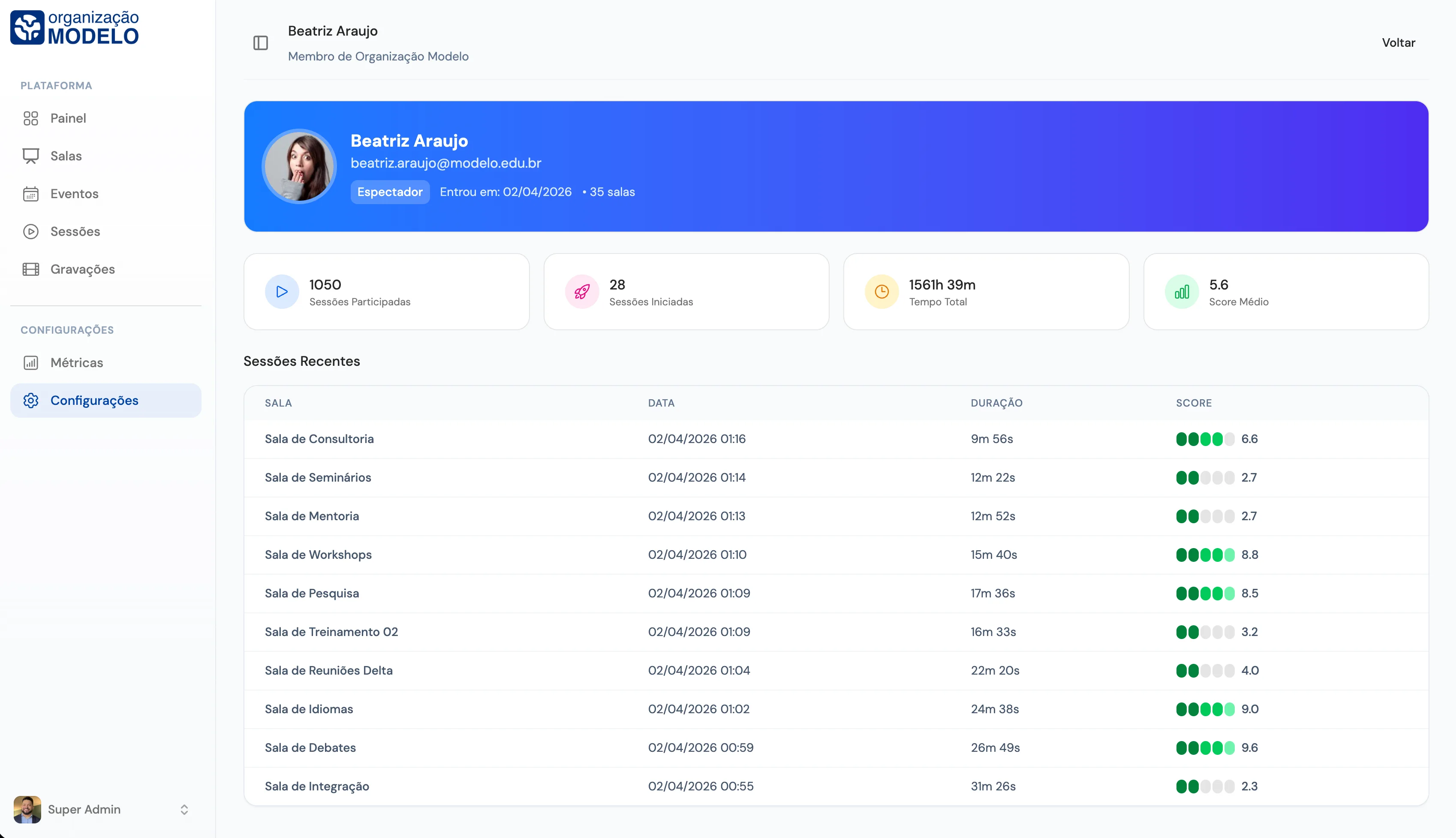 Perfil do participante em modo claro